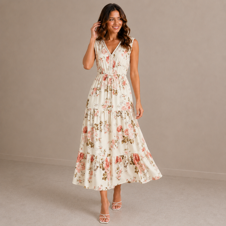 Rosalie | Sleeveless Lace V-Neck Floral Print Dress