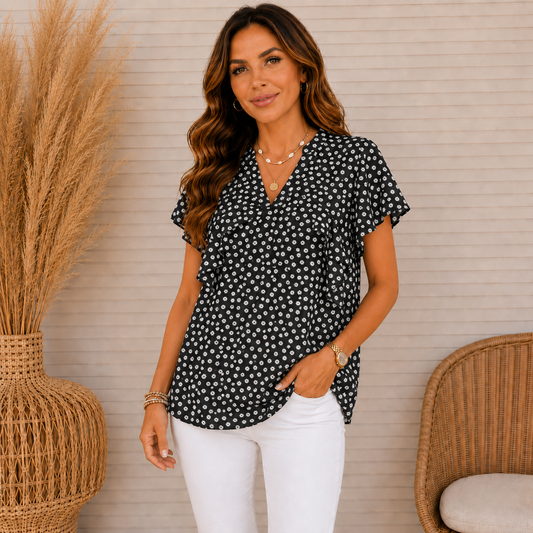 Lila | Black Daisy Ruffle Blouse