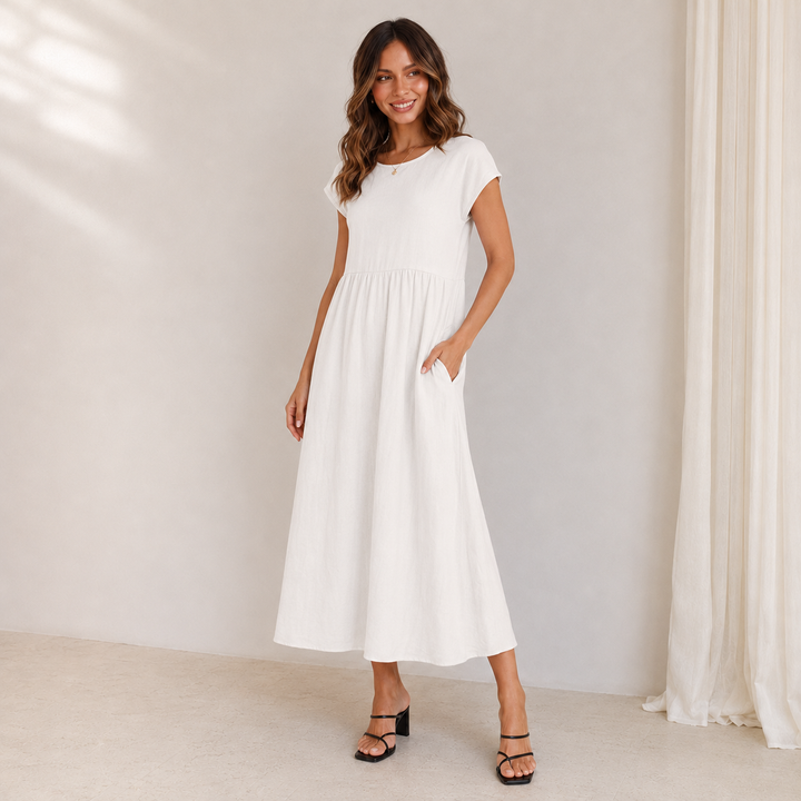 Lisa | Women's Short Sleeve Loose Midi Pocket Dress