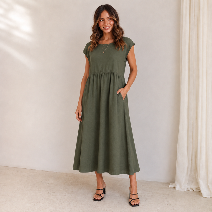 Lisa | Women's Short Sleeve Loose Midi Pocket Dress