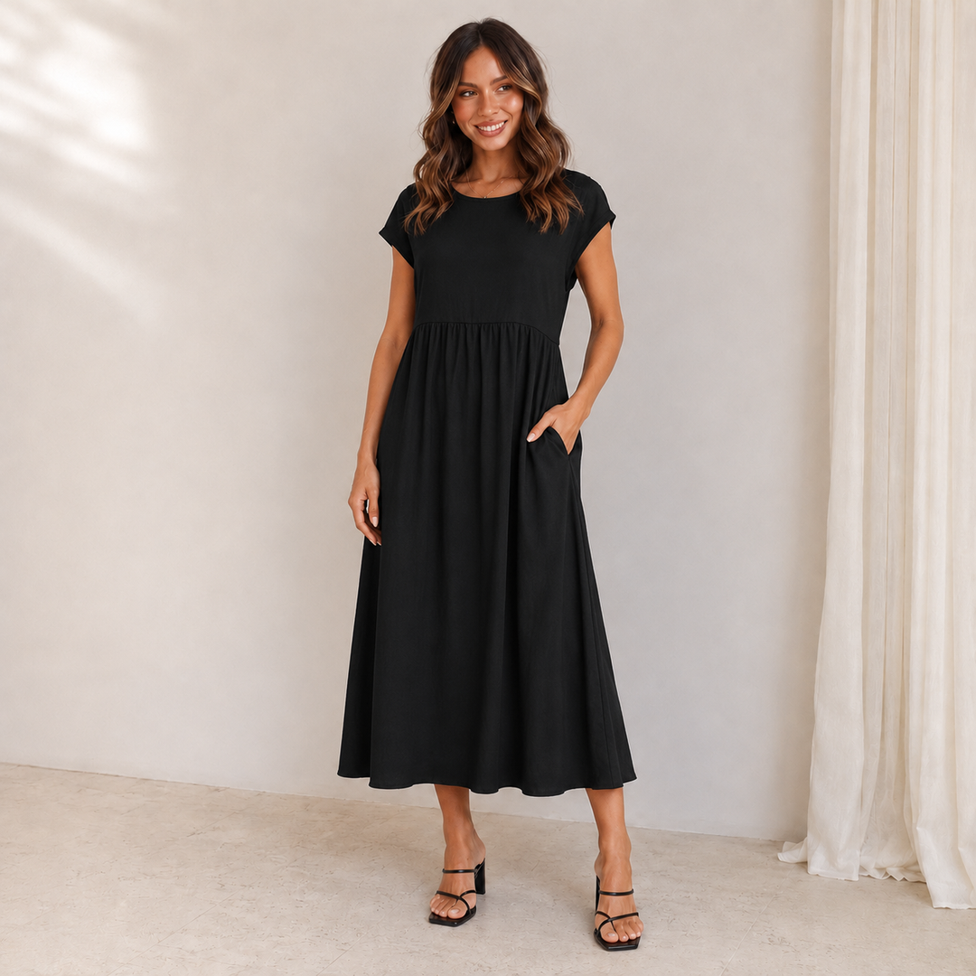 Lisa | Women's Short Sleeve Loose Midi Pocket Dress