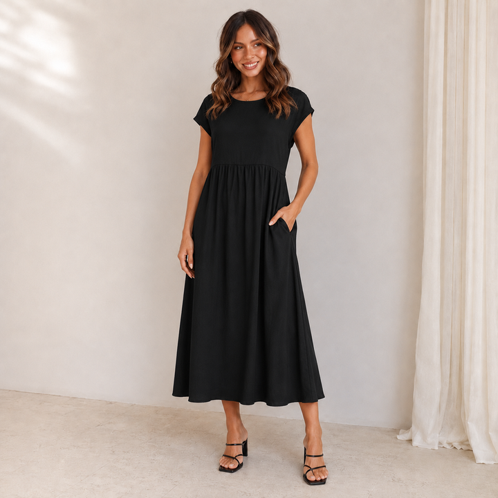 Lisa | Women's Short Sleeve Loose Midi Pocket Dress