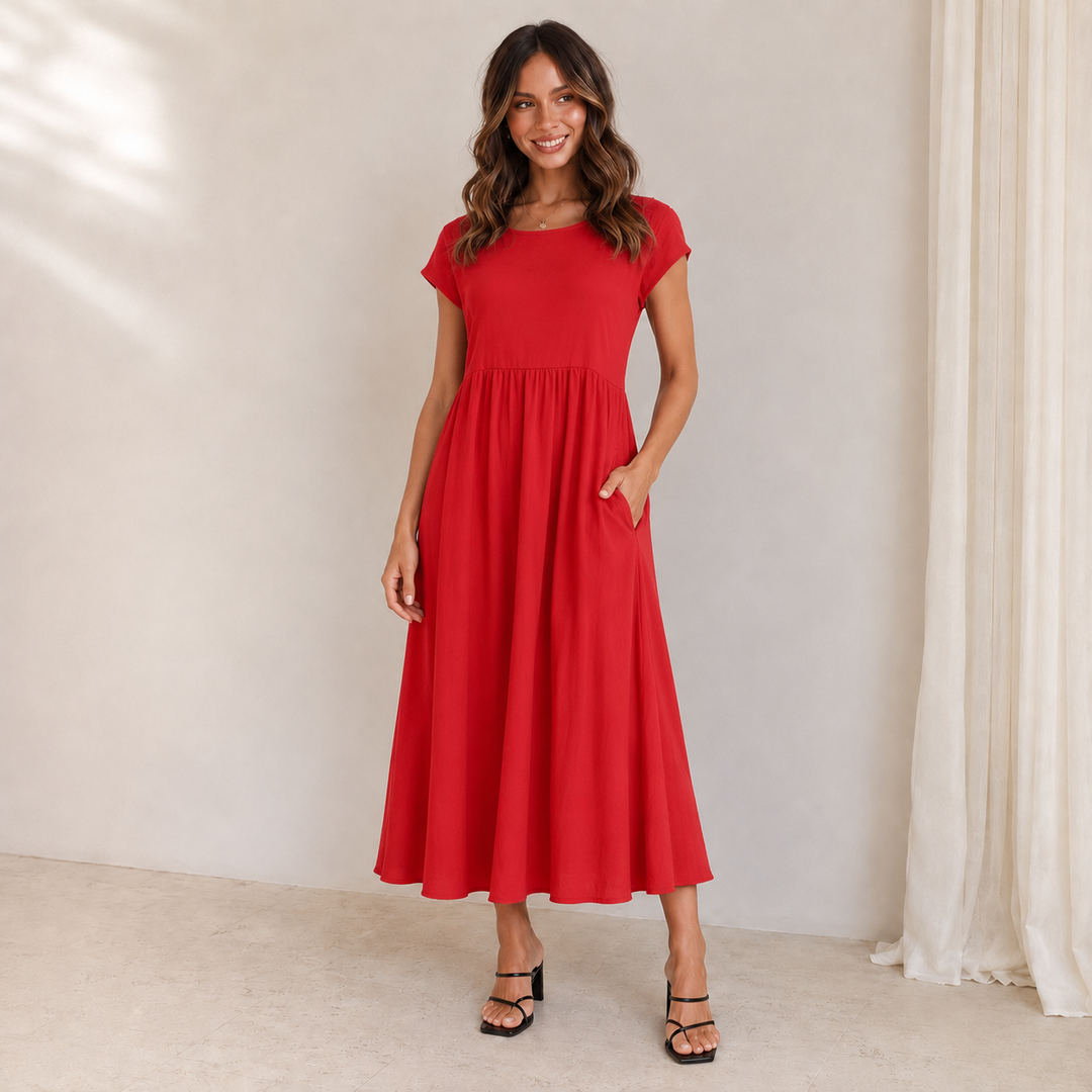 Lisa | Women's Short Sleeve Loose Midi Pocket Dress