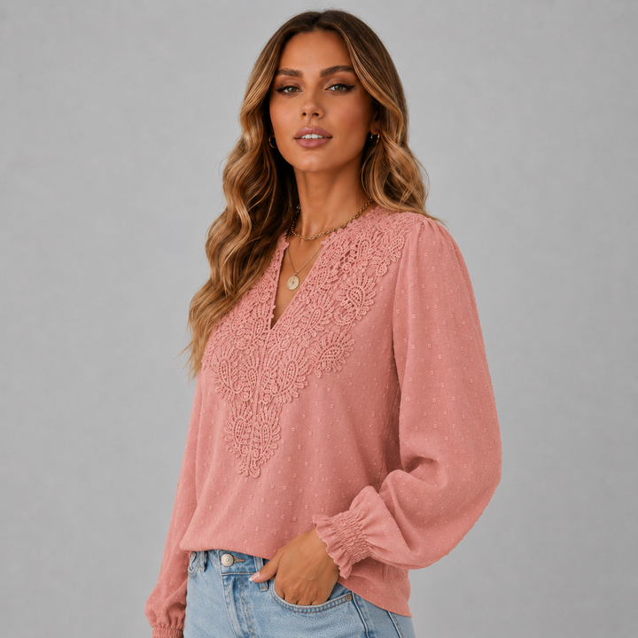 Isla | V-Neckline Lace Detail Long Sleeve Blouse