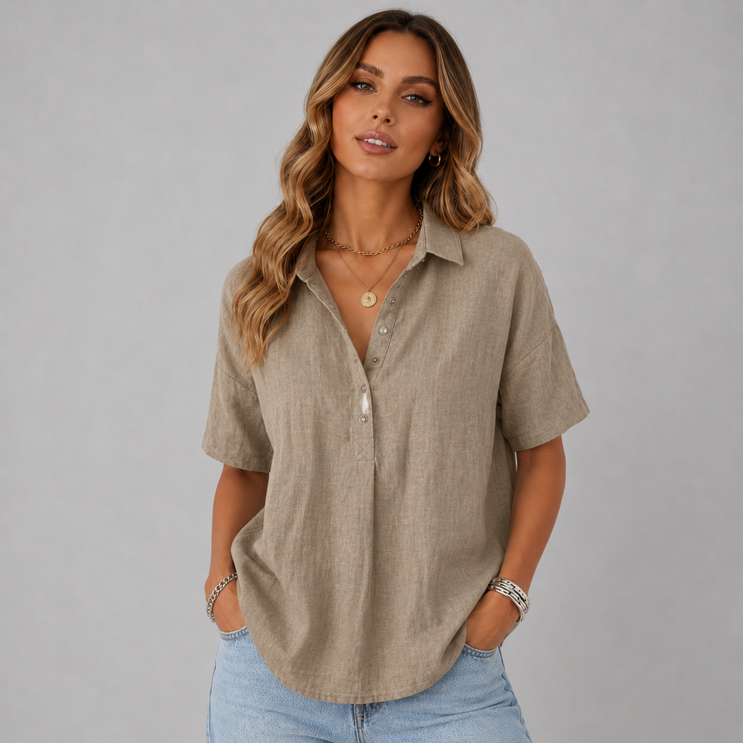 Clara | Linen-Look Button Short Sleeve Top