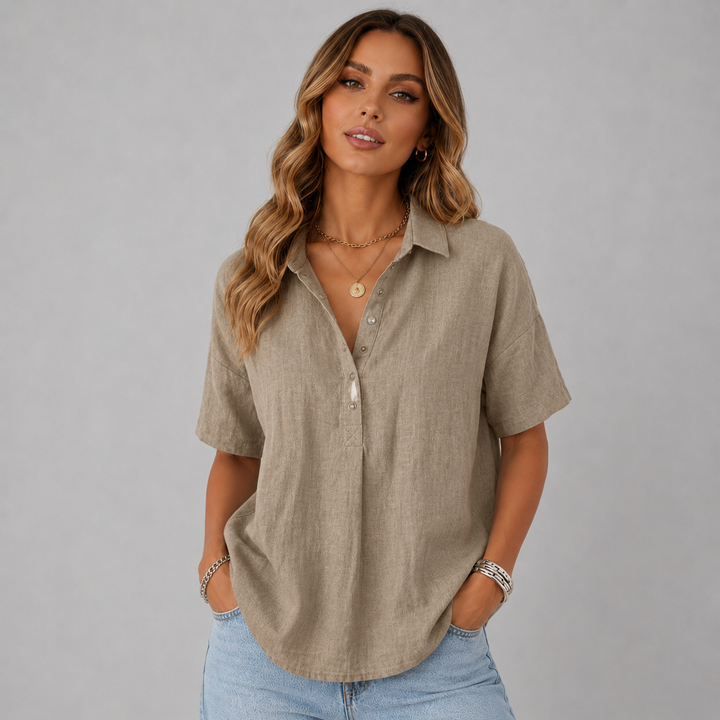 Clara | Linen-Look Button Short Sleeve Top