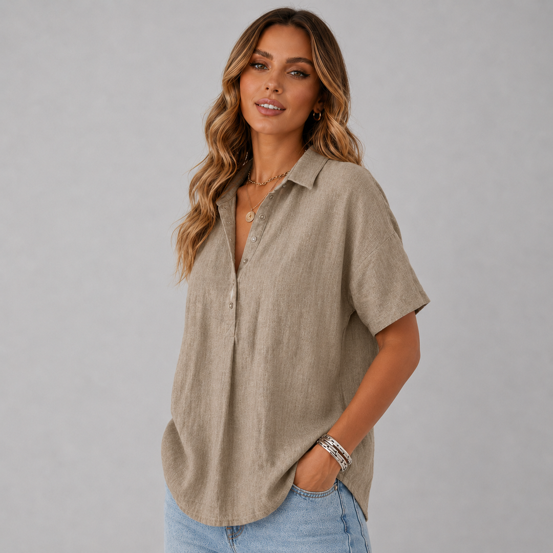 Clara | Linen-Look Button Short Sleeve Top