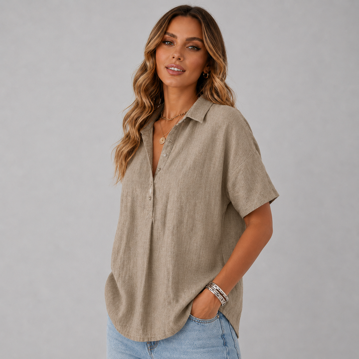 Clara | Linen-Look Button Short Sleeve Top