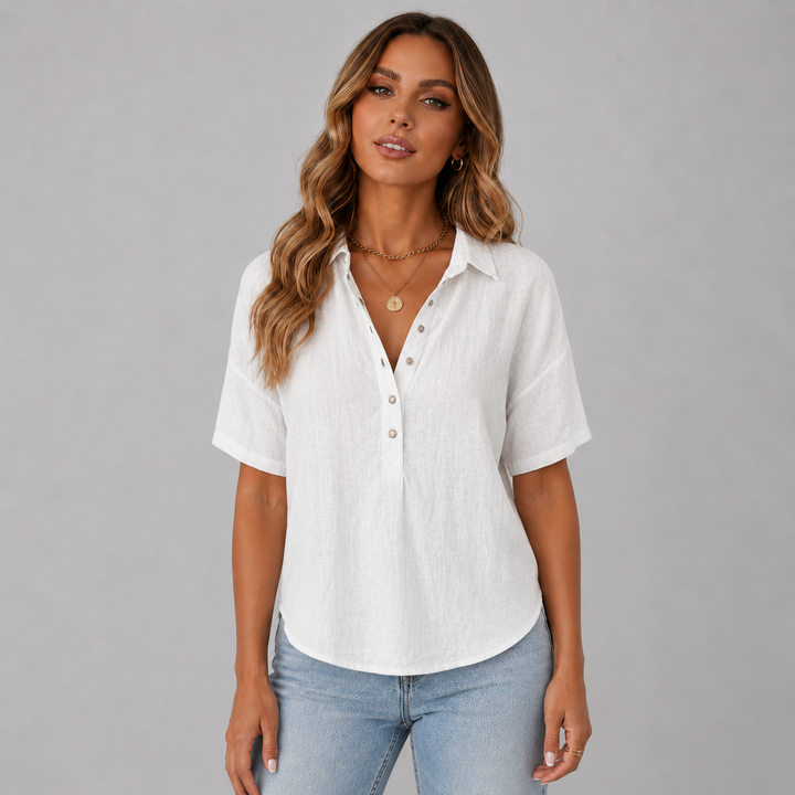Clara | Linen-Look Button Short Sleeve Top