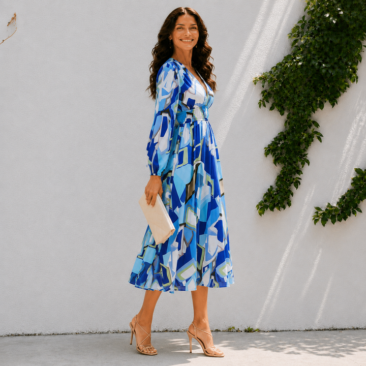 Mila | Abstract Print V-Neck Midi Dress