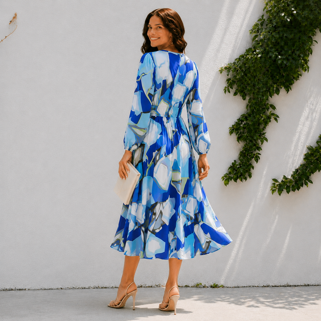 Mila | Abstract Print V-Neck Midi Dress