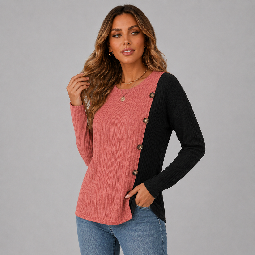 Mila | Contrast Button Long Sleeve Knit Top