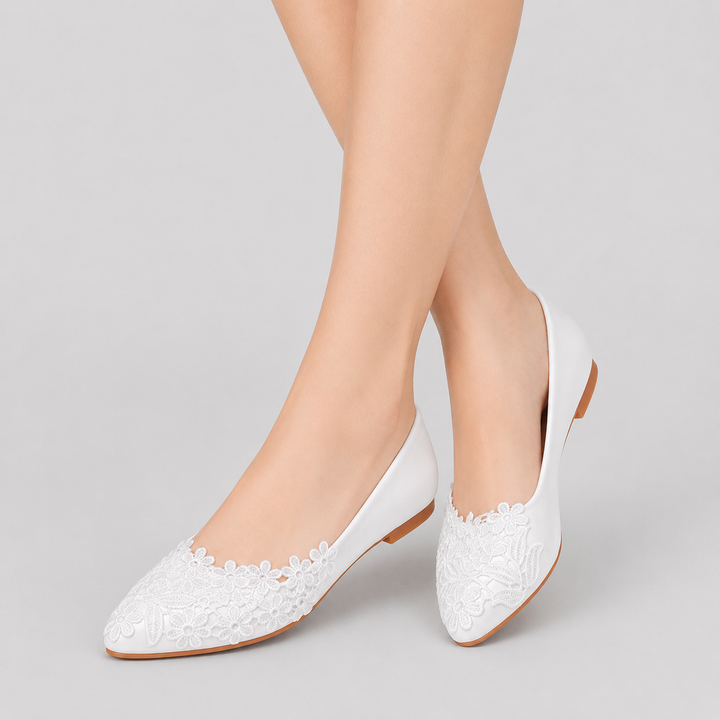 Liana | White Lace Pointed-Toe Ballet Flats