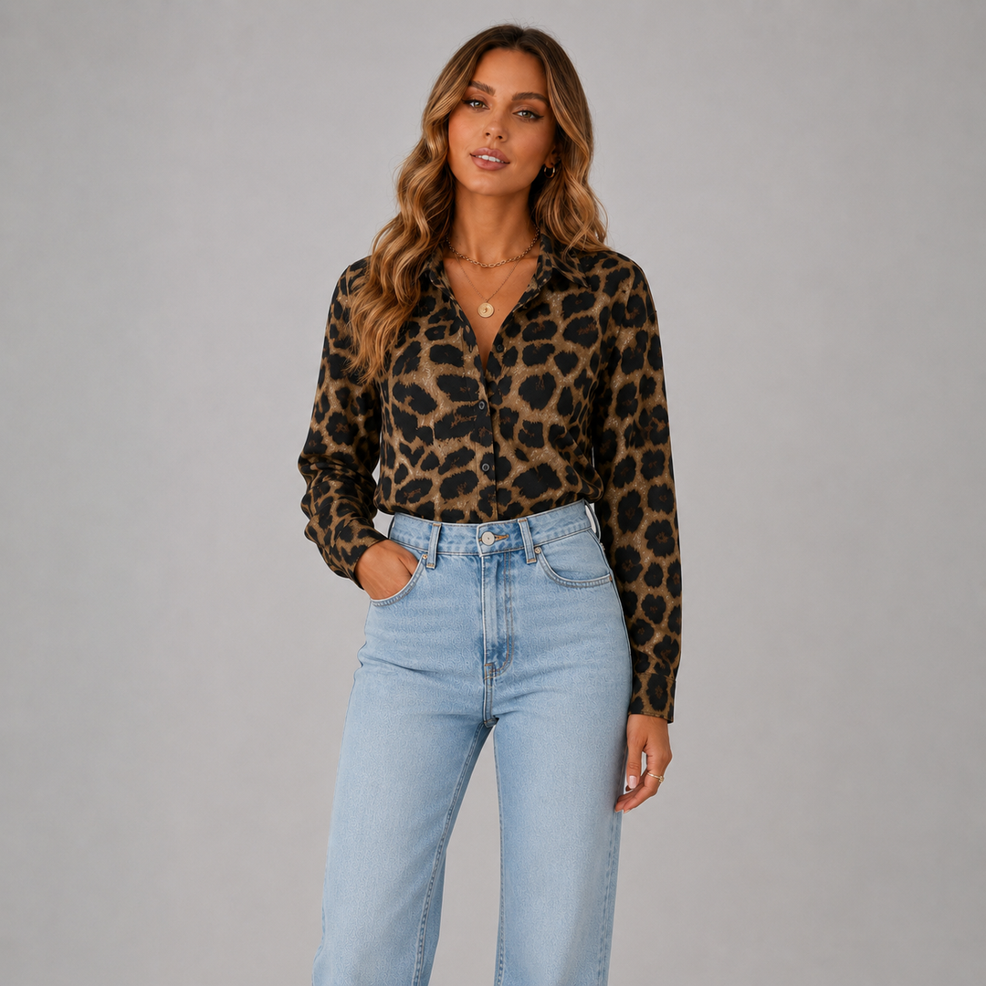 Serena | V-Neck Leopard Print Button Blouse