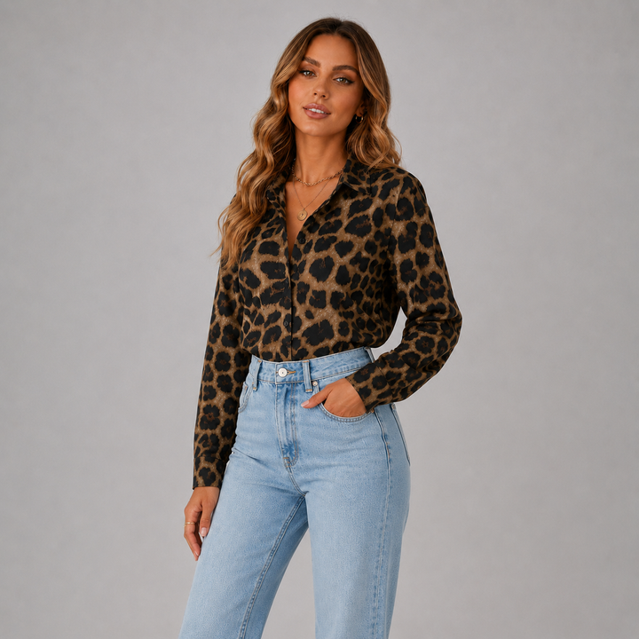Serena | V-Neck Leopard Print Button Blouse