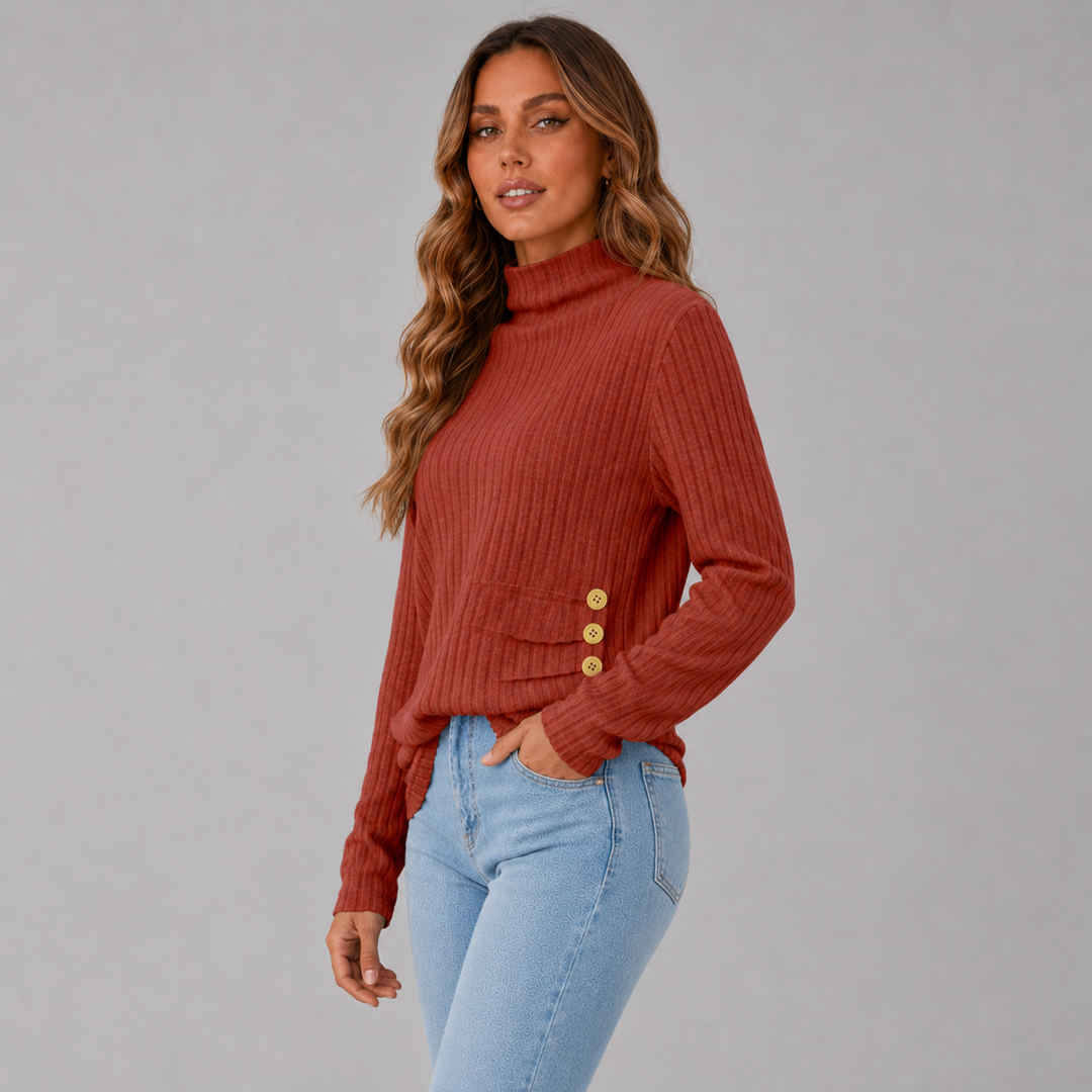 Elise | Ribbed Knit Button Turtleneck Sweater