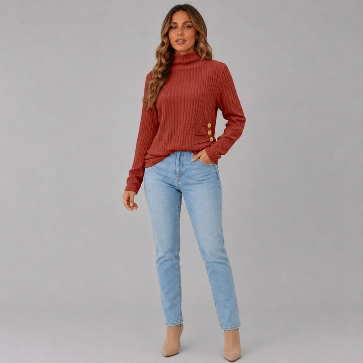 Elise | Ribbed Knit Button Turtleneck Sweater