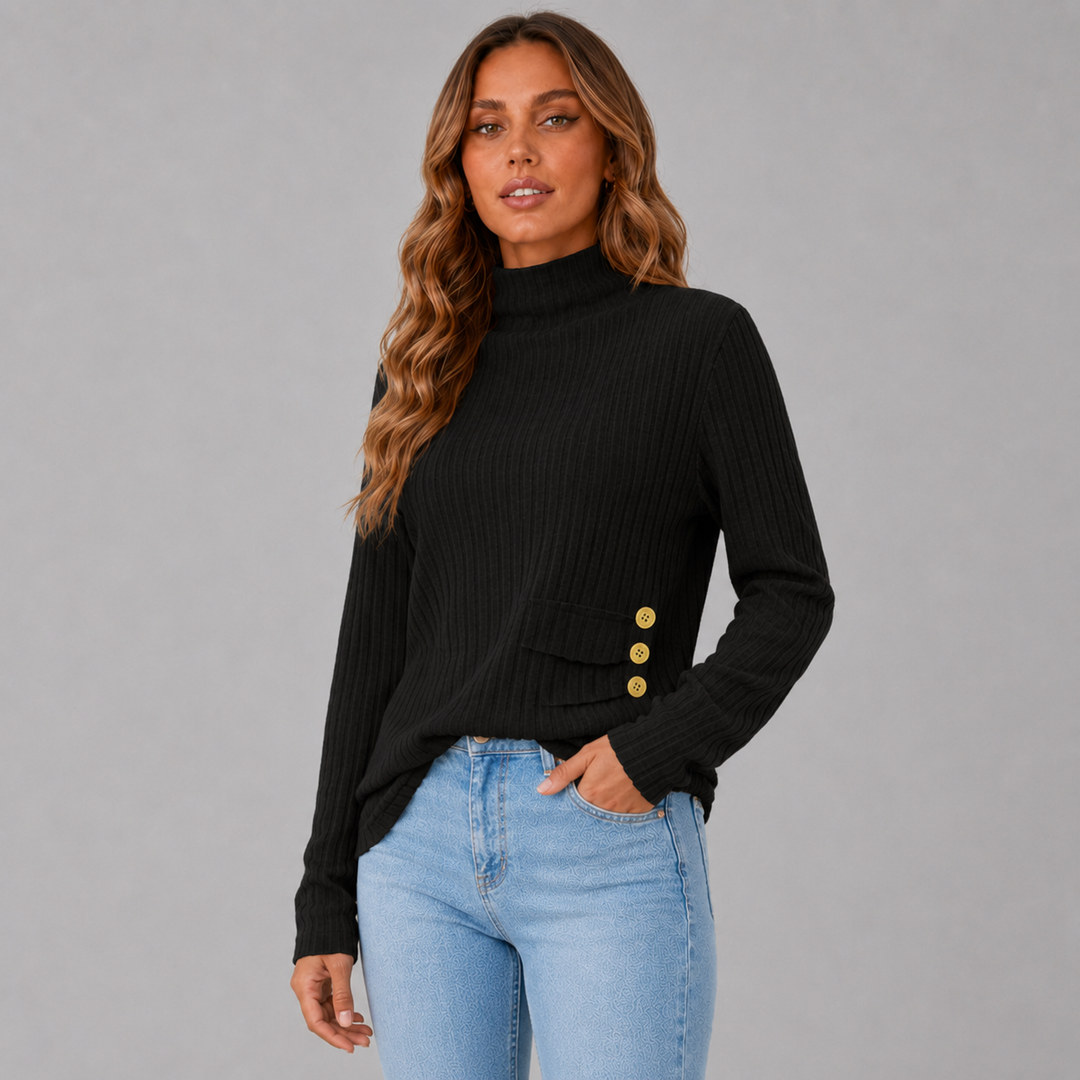 Elise | Ribbed Knit Button Turtleneck Sweater