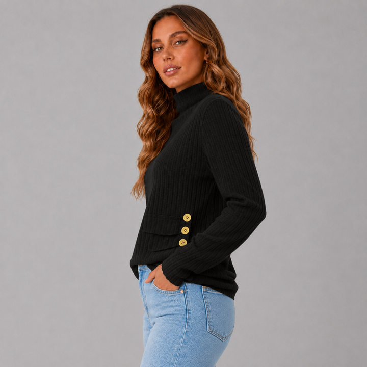 Elise | Ribbed Knit Button Turtleneck Sweater