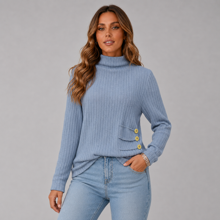 Elise | Ribbed Knit Button Turtleneck Sweater