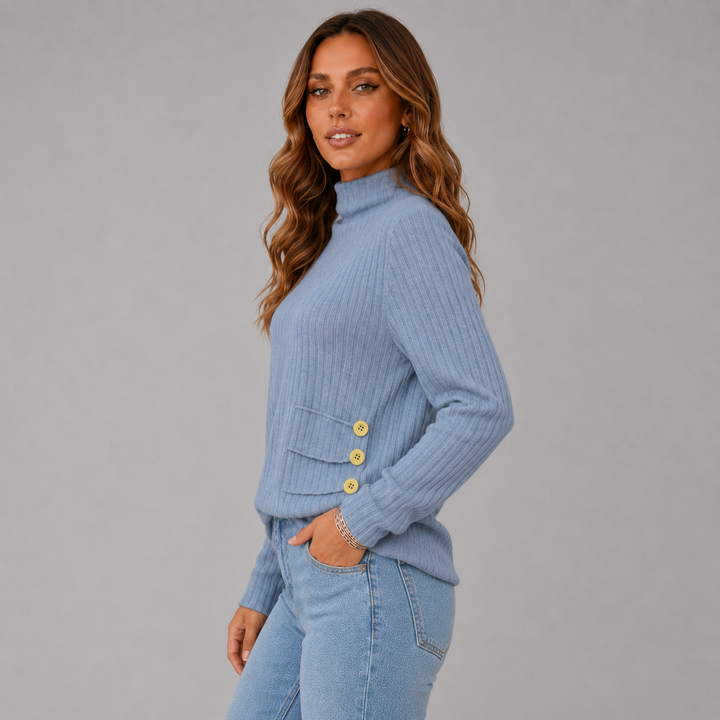 Elise | Ribbed Knit Button Turtleneck Sweater