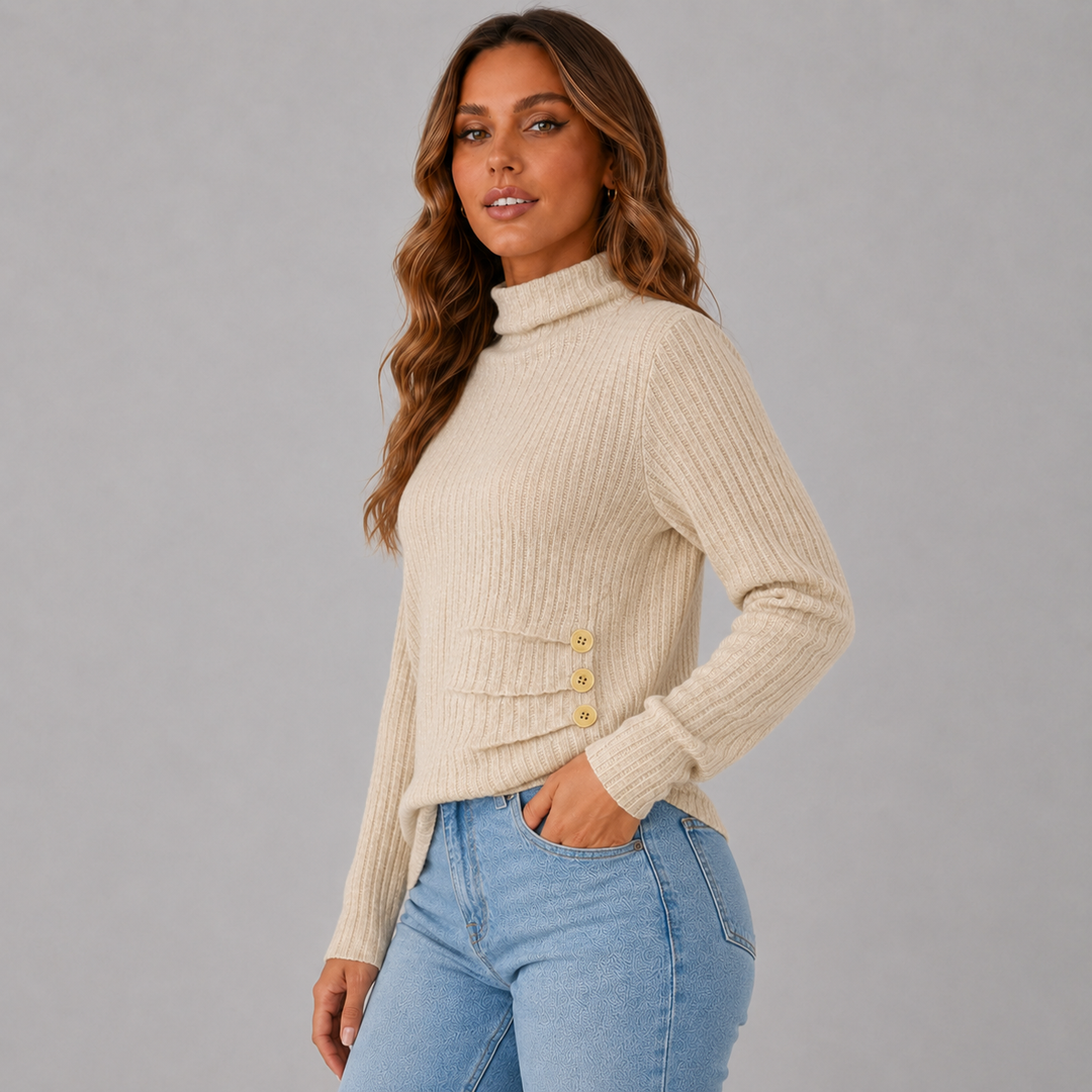 Elise | Ribbed Knit Button Turtleneck Sweater