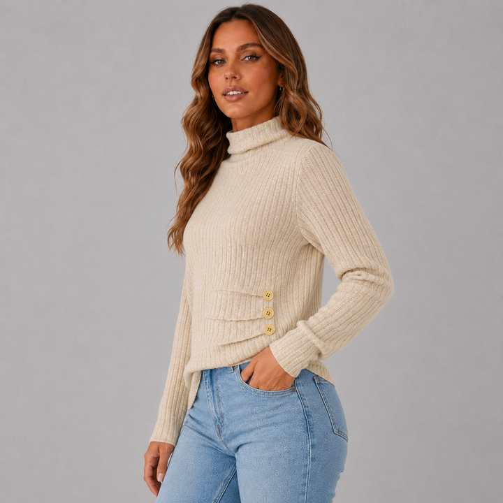 Elise | Ribbed Knit Button Turtleneck Sweater