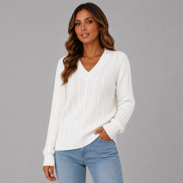 Sophia | Elegant Cable-Knit V-Neck Winter Sweater