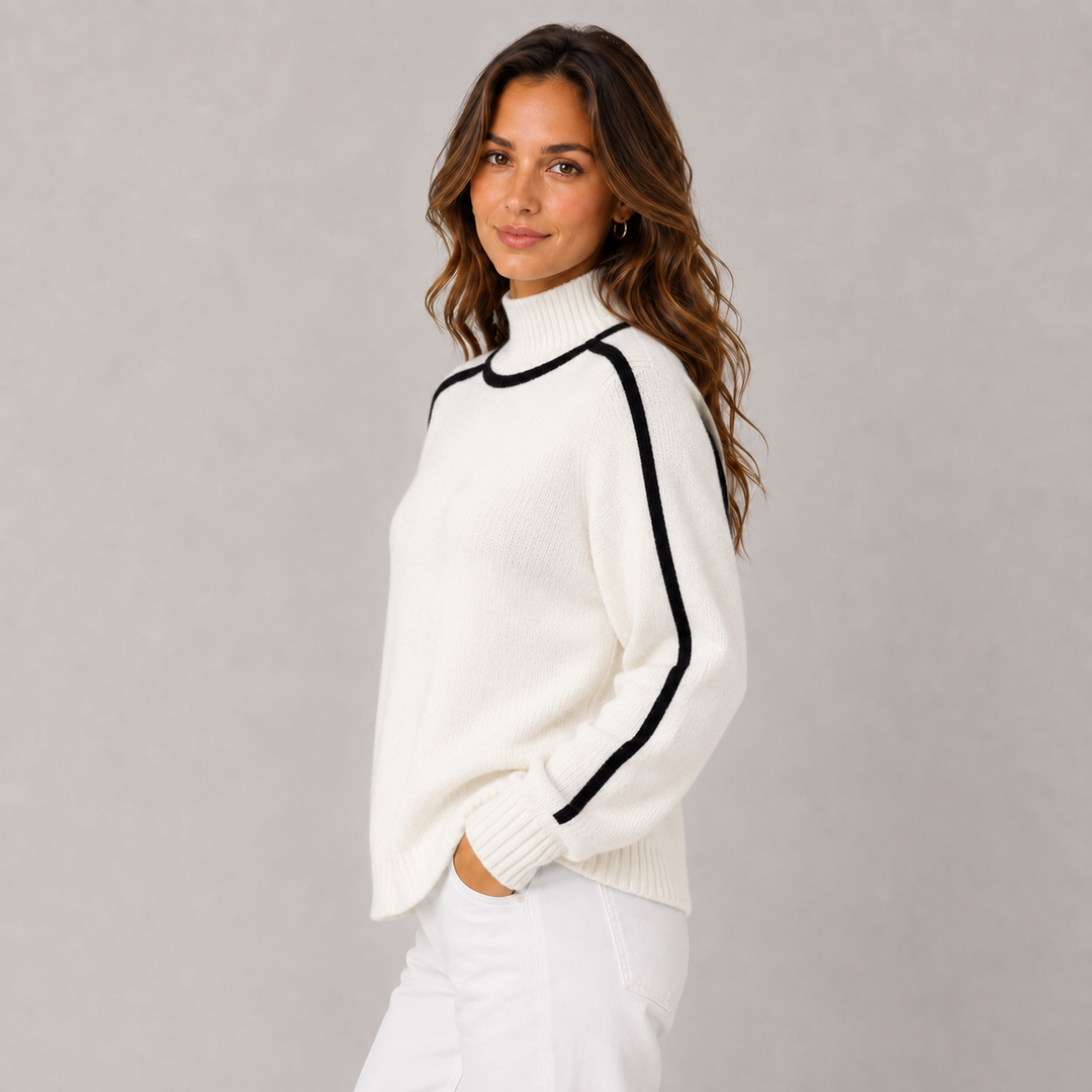 Elena | Contrast-Trim Turtleneck Wool Sweater