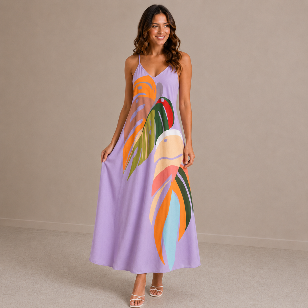 Vicky | Tropical Print V-Neck Sleeveless Maxi Dress