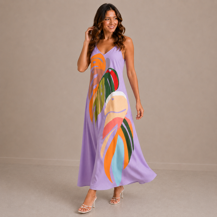Vicky | Tropical Print V-Neck Sleeveless Maxi Dress
