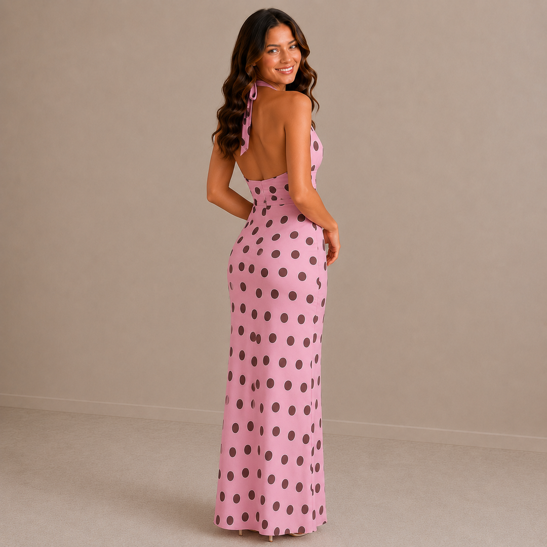 Maya | Backless V-Neck Polka Dot Midi Dress