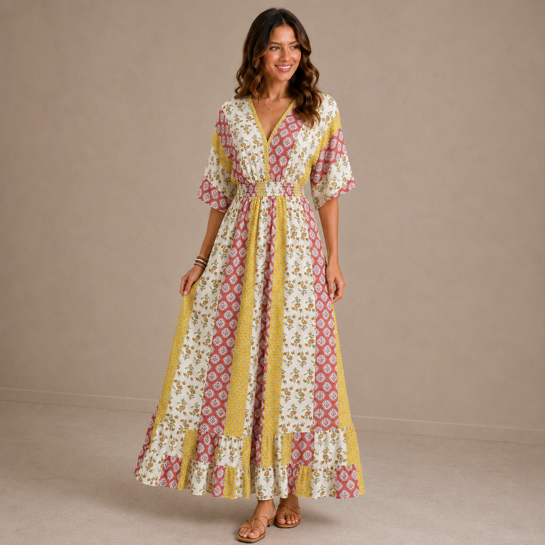 Amelia | Vintage Floral V-Neck Maxi Dress