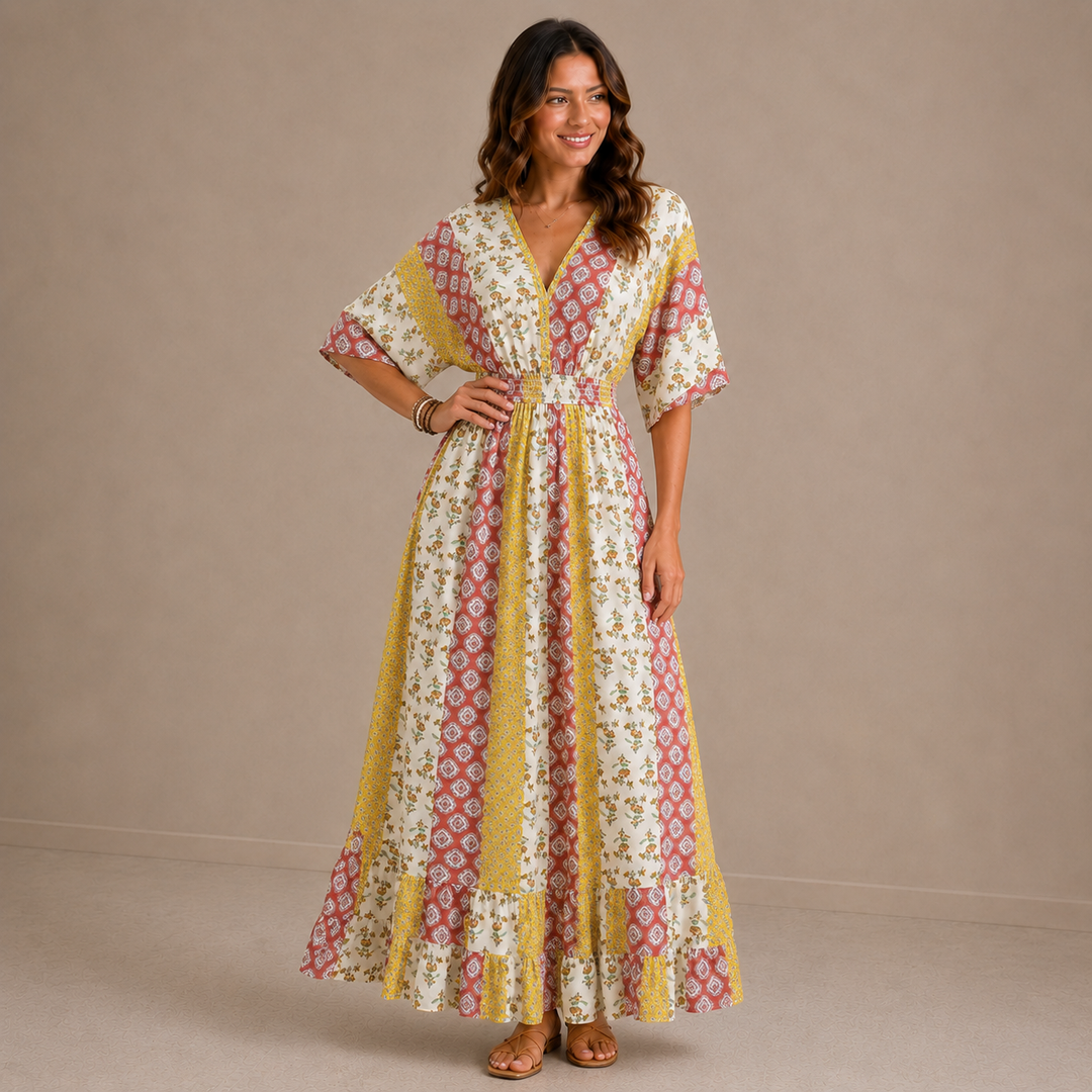 Amelia | Vintage Floral V-Neck Maxi Dress