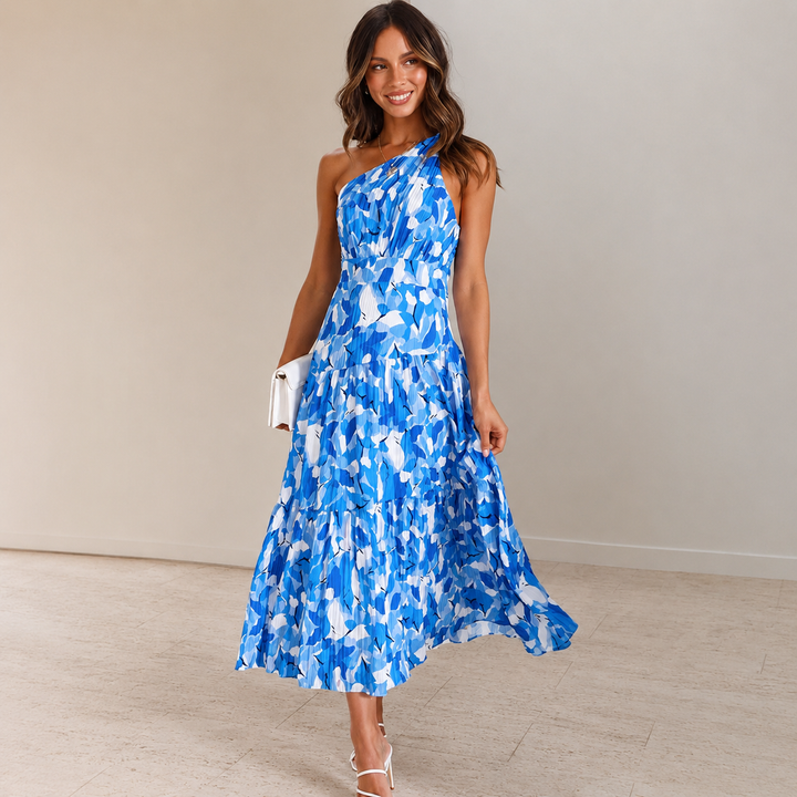 Celeste | Women’s Blue Floral One-Shoulder Midi Dress