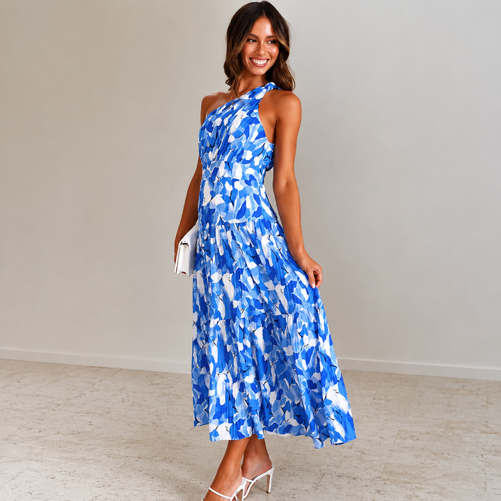Celeste | Women’s Blue Floral One-Shoulder Midi Dress