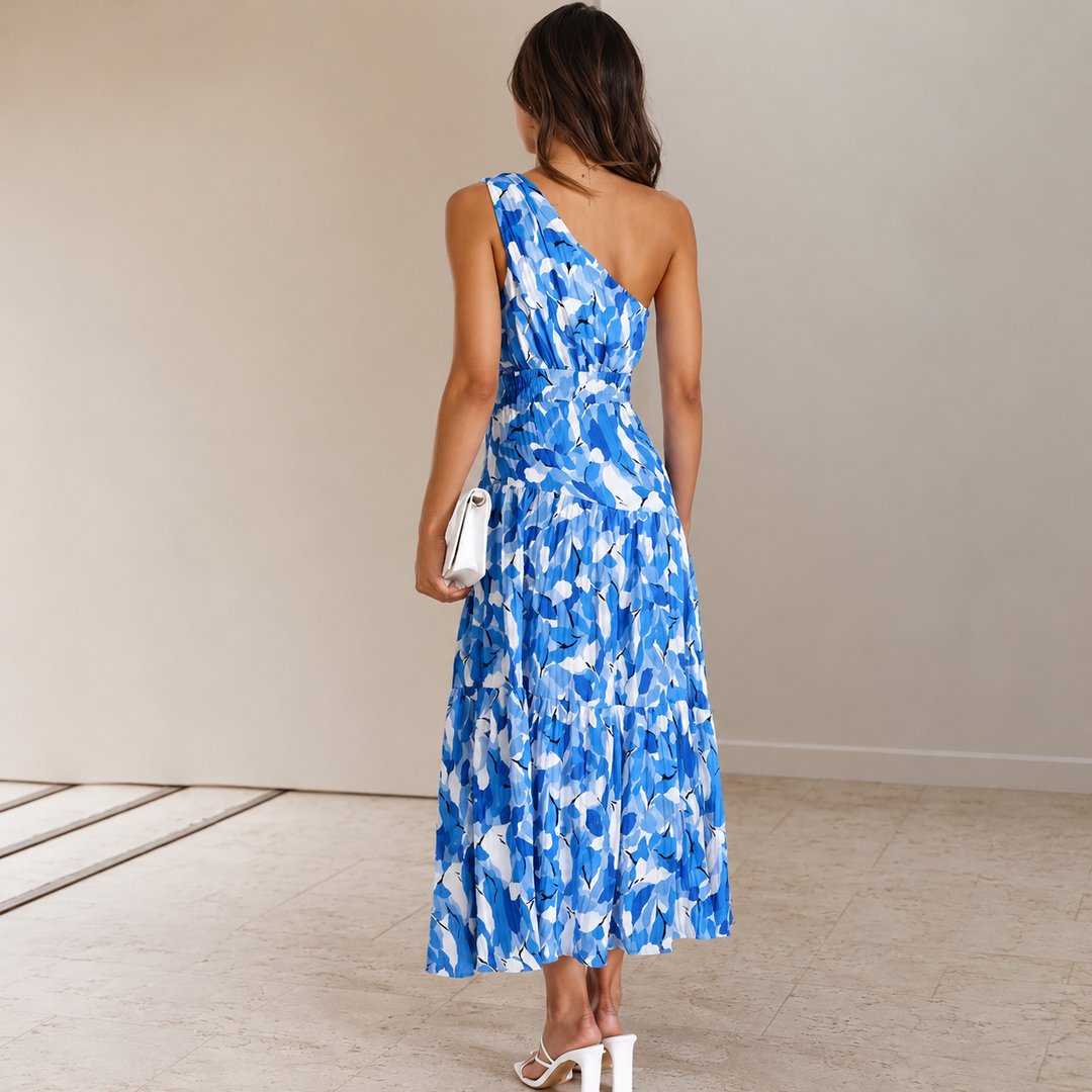 Celeste | Women’s Blue Floral One-Shoulder Midi Dress