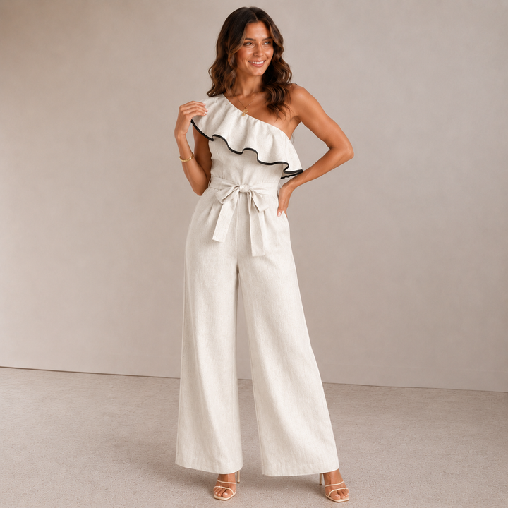Amelia | One-Shoulder Ruffle Linen Jumpsuit