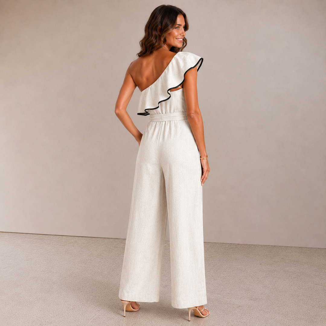Amelia | One-Shoulder Ruffle Linen Jumpsuit