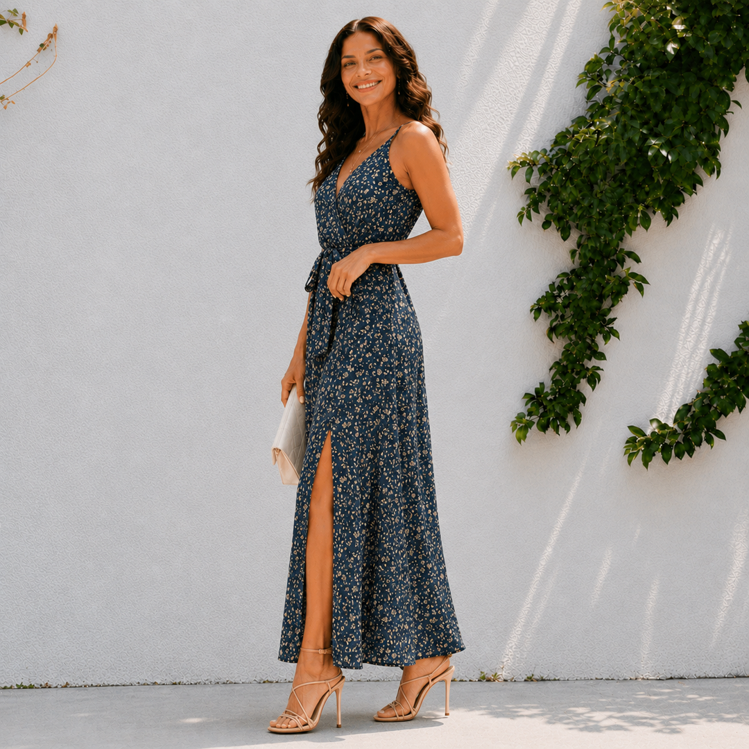Luna | Elegant Floral Wrap Split Midi Dress