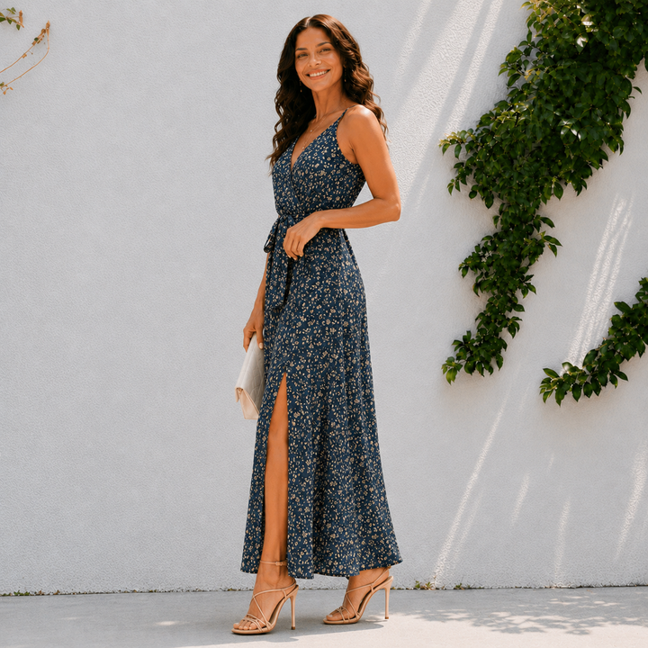 Luna | Elegant Floral Wrap Split Midi Dress
