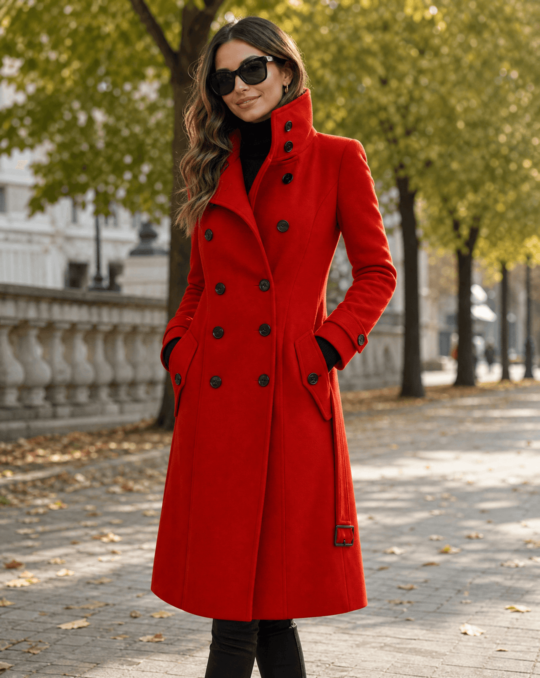 Aurielle | Classic Double-Breasted Long Stand Collar Trench Coat
