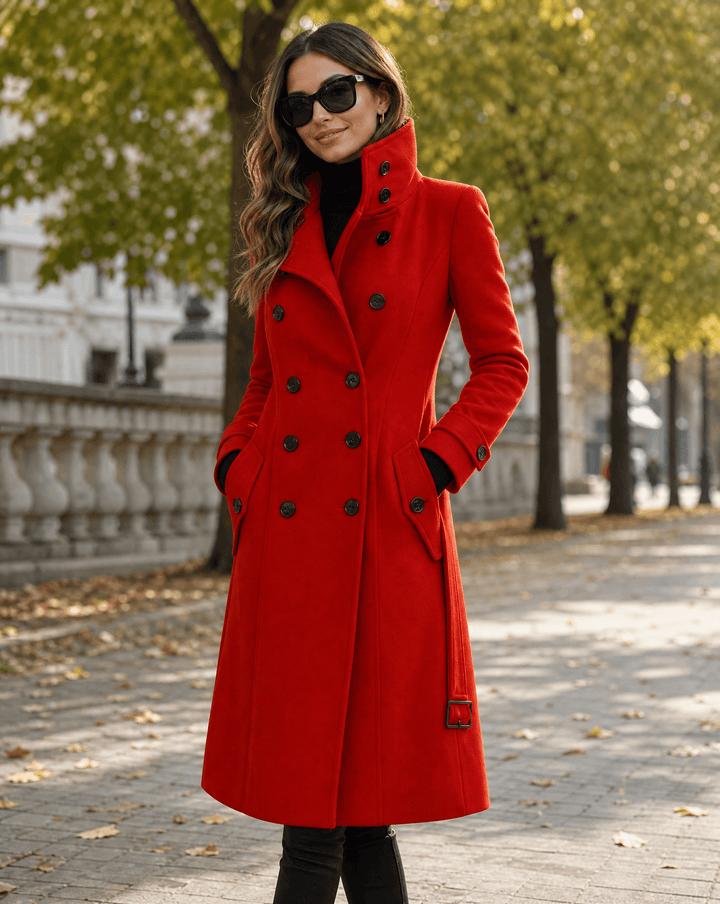 Aurielle | Classic Double-Breasted Long Stand Collar Trench Coat