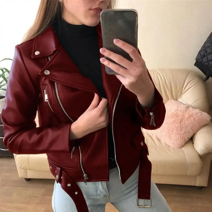 Sarah | Elegant Cropped Leather Moto Jacket