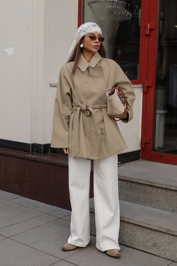 Tina | Cotton-Blend Belted Point-Collar Trench Jacket
