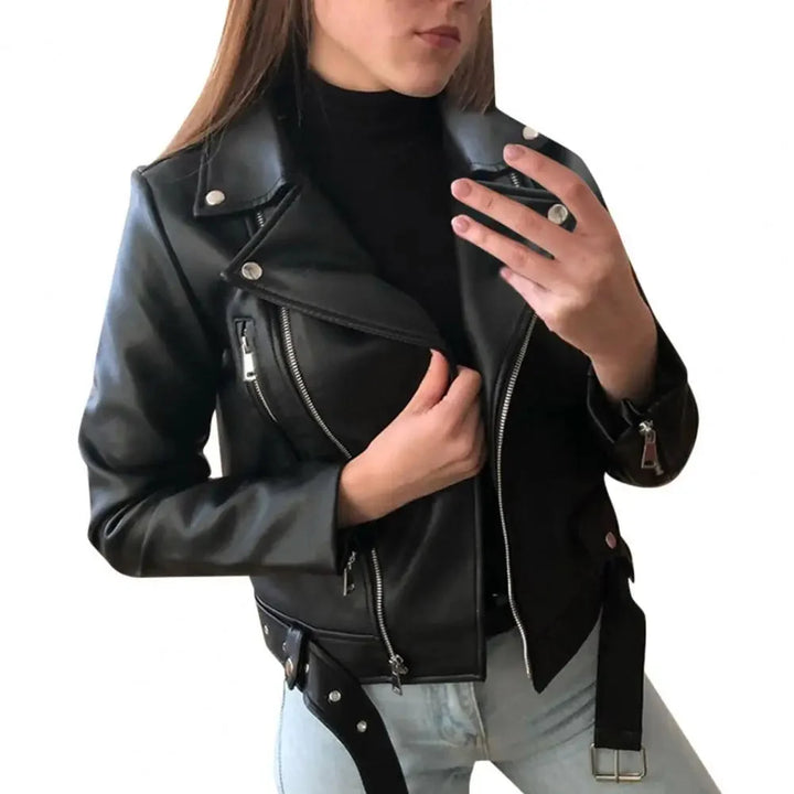 Sarah | Elegant Cropped Leather Moto Jacket