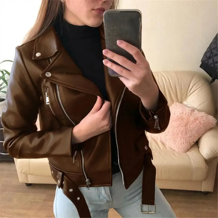 Sarah | Elegant Cropped Leather Moto Jacket