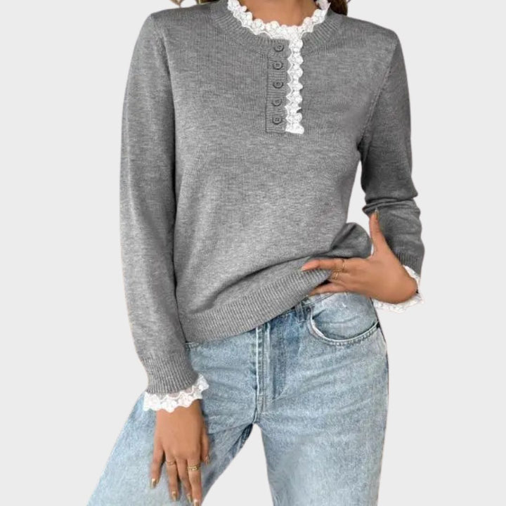 Layla| Lace-Trim Ribbed-Cuff Button-Detail Knit Sweater