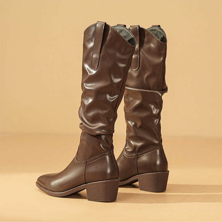 Sophie | Mid-Calf Leather Slouch Block Heel Boots