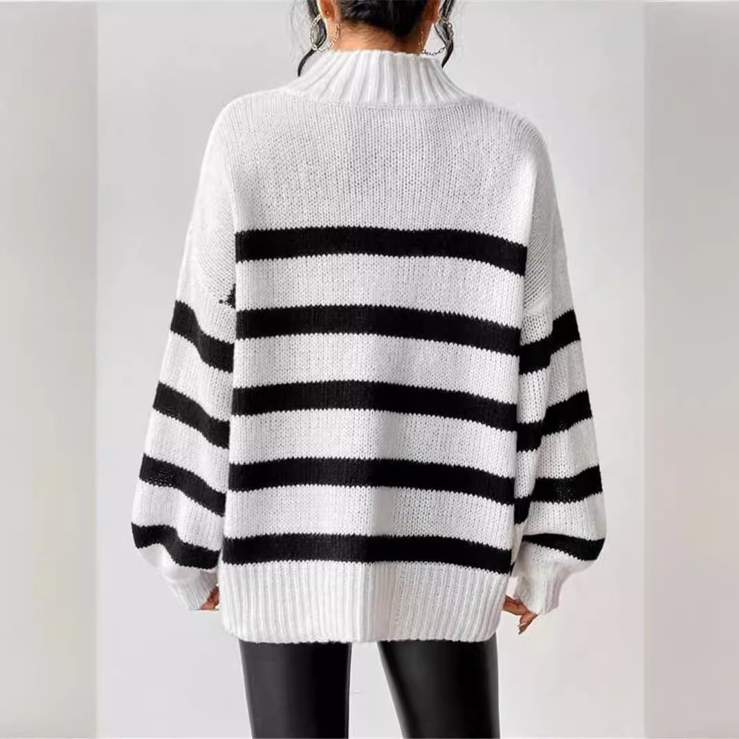 Laguna | Winter Ribbed Collar Striped Turtleneck Sweater